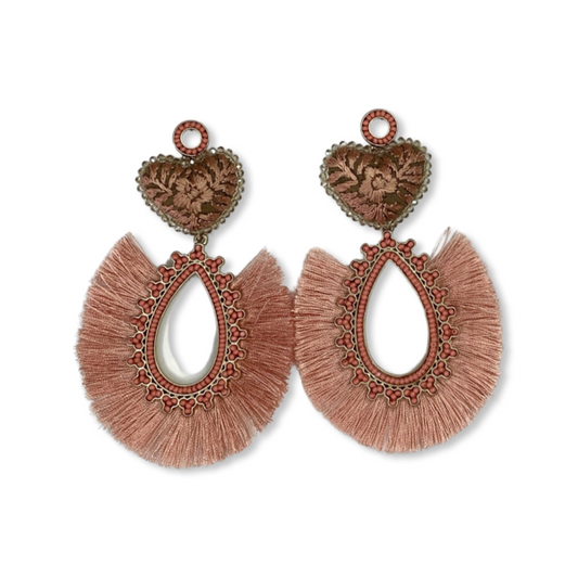 PEACH HEART EARRINGS WITH TASSEL AND GOLD EMBELLISHMENT