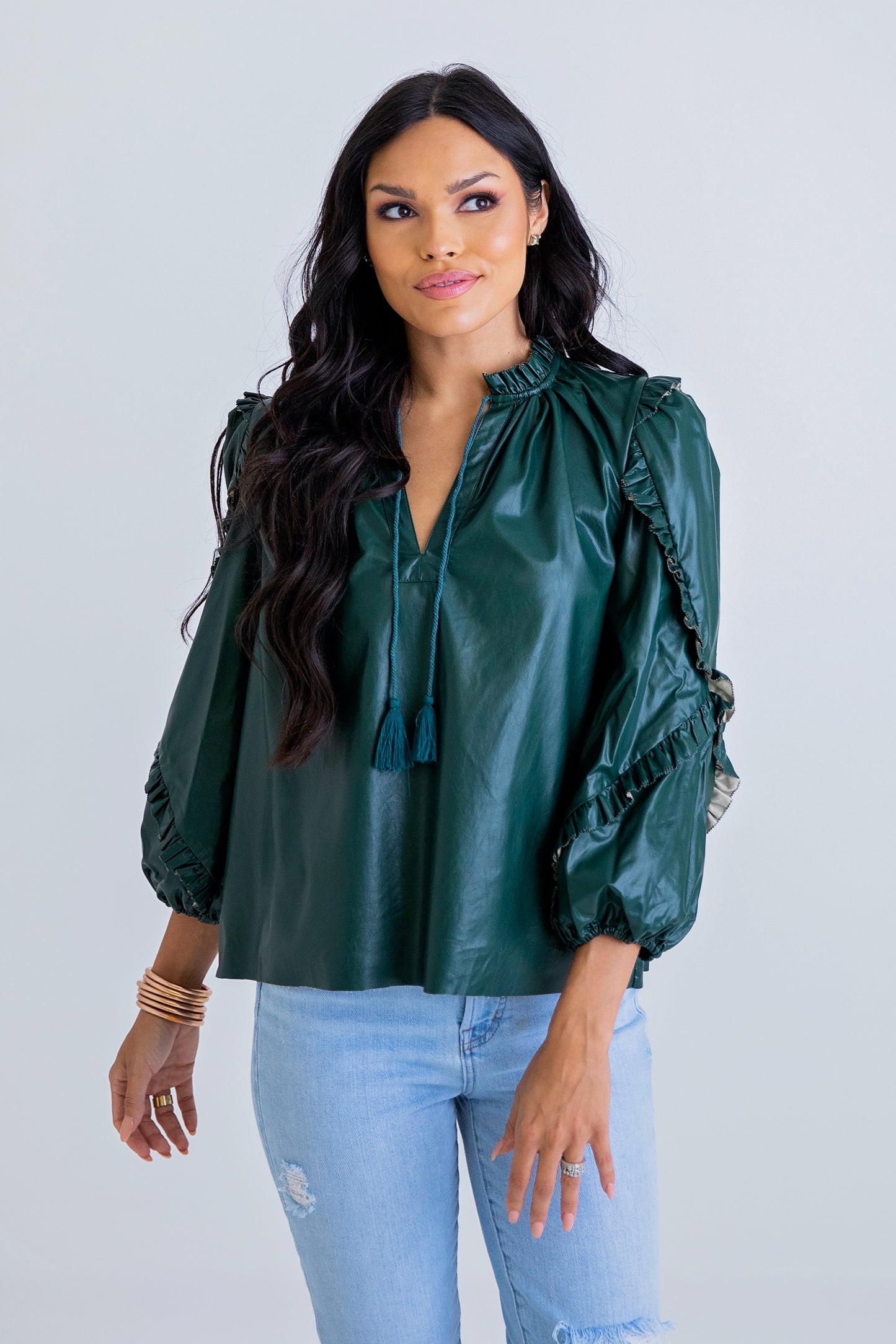 FAUX LEATHER RUFFLE TOP