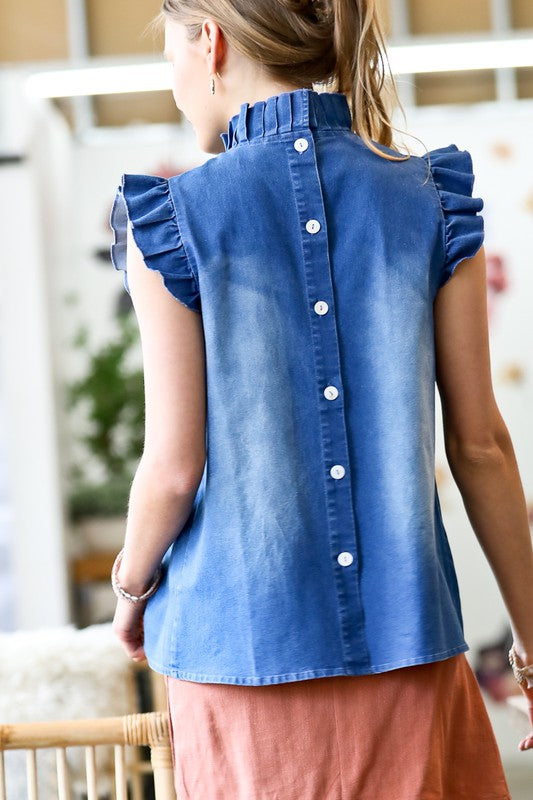 WASHED OUT RUFFLE DENIM BLOUSE