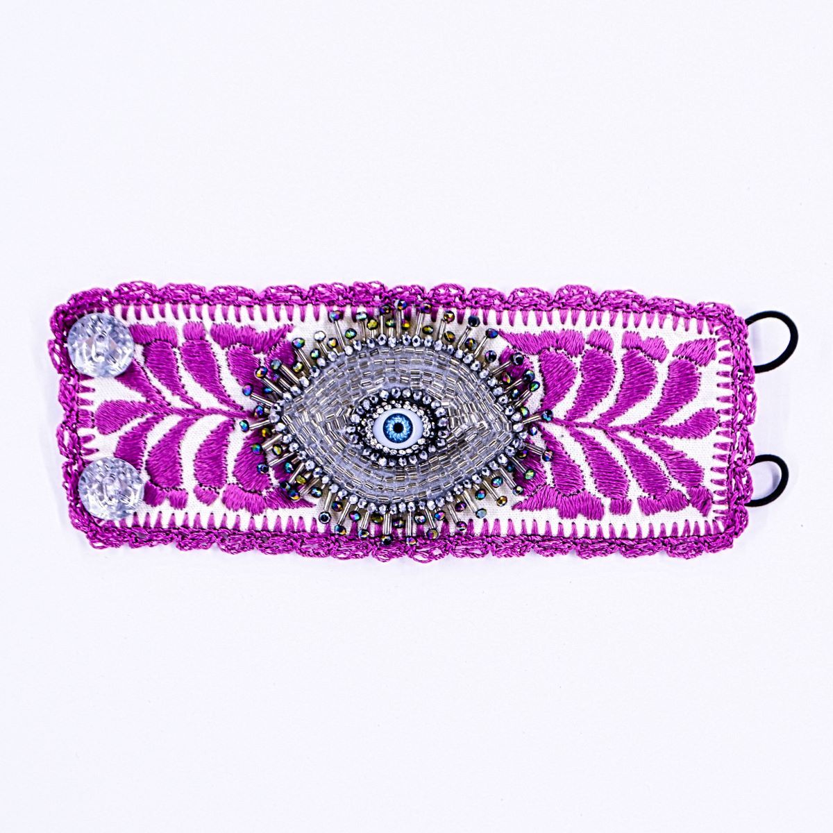 BLUE EVIL EYE WITH PINK EMBROIDERY - BRACELET (WIDE - 2.5")